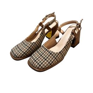 Plaid square toe chunky heels
